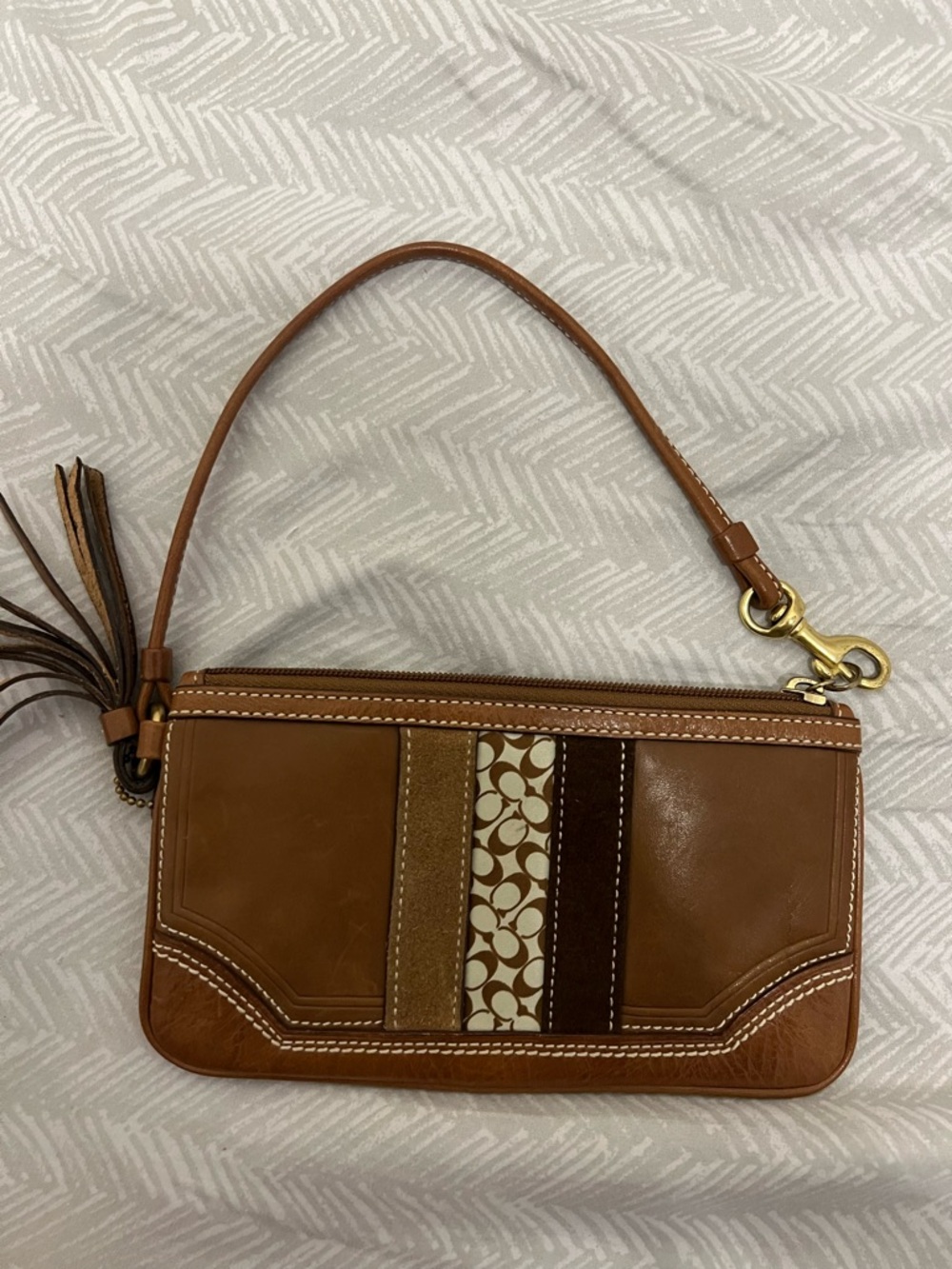 Coach Tan Brown Signature Stripe Leather Wristlet with Tassel